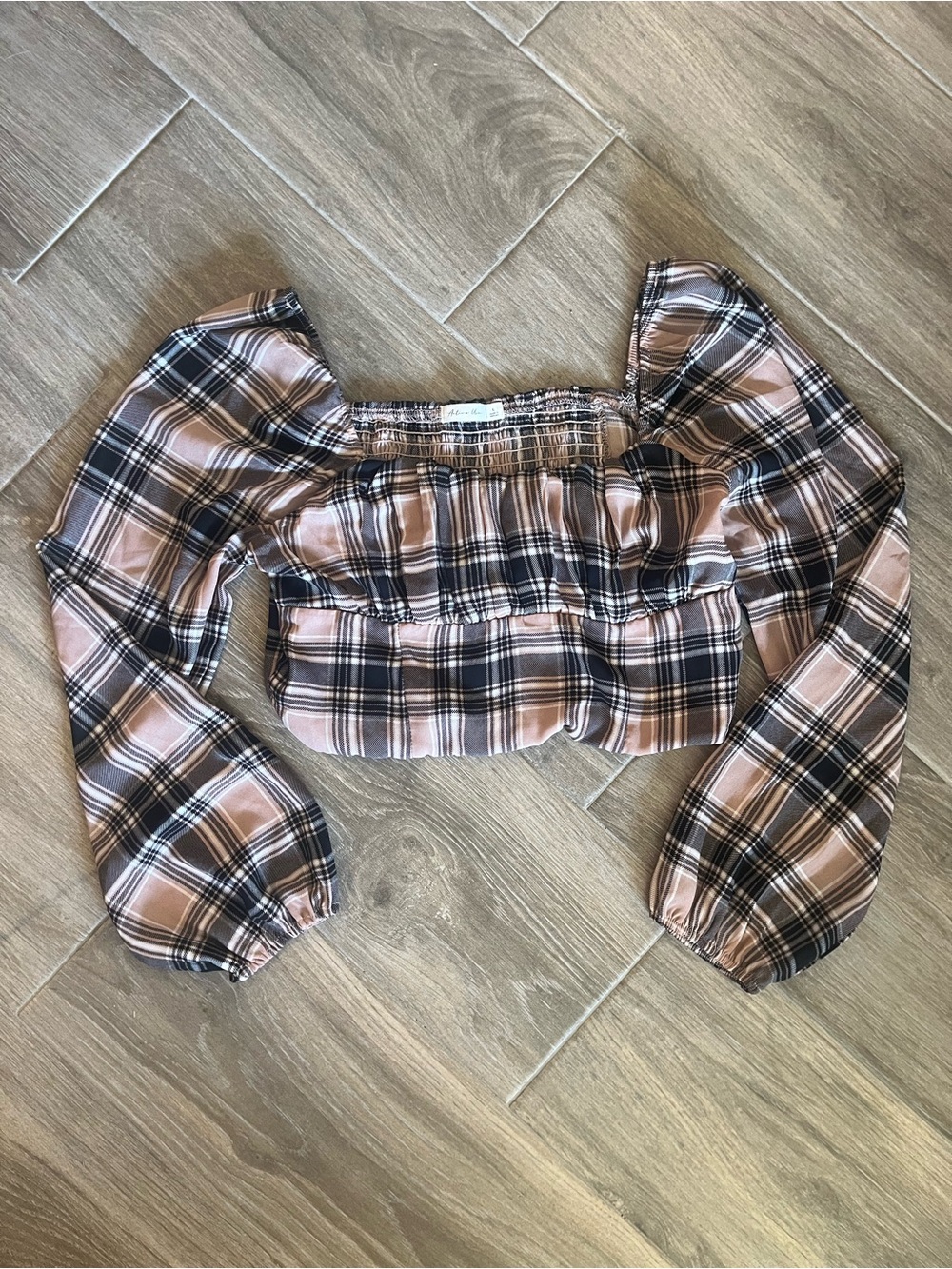 Active USA Pink and Black Plaid Smocked Long Sleeve Crop Top
